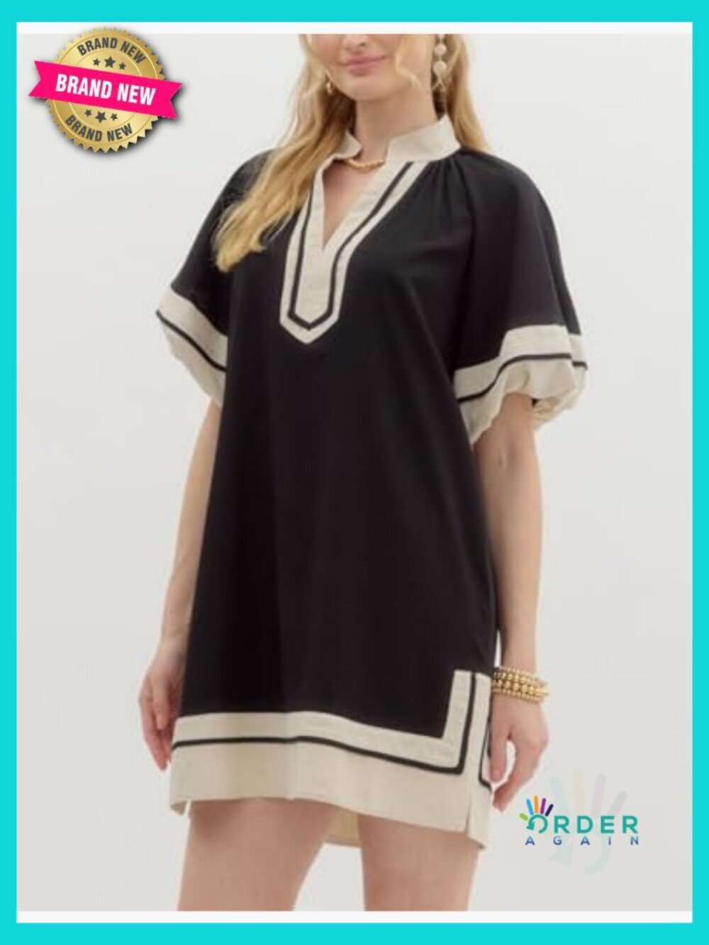 V-Neck Puff Sleeve Mini Dress Color Block Pullover Casual Chic Summer Wear - Picture 4 of 7